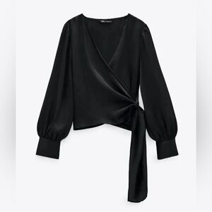 ZARA Satin Effect Wrap Top Black W/ Pearl Cuff Buttons Lightweight